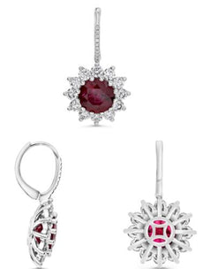 ESTATE 12.16CT DIAMOND & AAA RUBY PLATINUM 3D FLOWER LEVERBACK HANGING EARRINGS