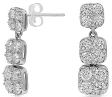 1.70CT DIAMOND 18KT WHITE GOLD ROUND CLUSTER PAST PRESENT FUTURE SQUARE EARRINGS