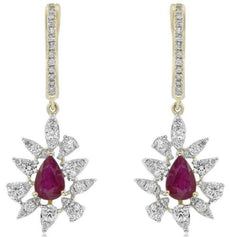 1.57CT DIAMOND & AAA RUBY 14K 2 TONE GOLD PEAR SHAPE FLOWER FUN HANGING EARRINGS