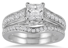 1.56CT DIAMOND 14KT WHITE GOLD 3D PRINCESS & ROUND ENGAGEMENT WEDDING RING SET