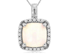 1.53CT DIAMOND & AAA OPAL 14KT WHITE GOLD 3D CUSHION & ROUND HALO SQUARE PENDANT