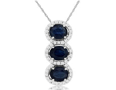 1.50CT DIAMOND & AAA SAPPHIRE 14KT WHITE GOLD OVAL 3 STONE HALO FLOATING PENDANT