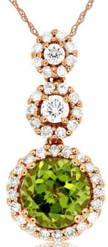 1.24CT DIAMOND & AAA PERIDOT 14KT ROSE GOLD ROUND HALO FLOWER FLOATING PENDANT