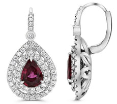3.27CT DIAMOND & AAA RUBY 18KT WHITE GOLD 3D PEAR SHAPE & ROUND HANGING EARRINGS