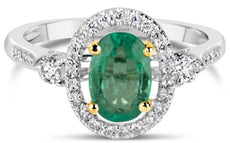 1.44CT DIAMOND & AAA EMERALD 18KT 2 TONE GOLD OVAL & ROUND HALO ENGAGEMENT RING