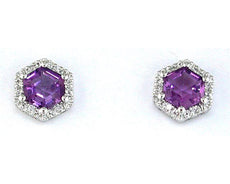 1.05CT DIAMOND & AAA AMETHYST 14KT WHITE GOLD CLASSIC HEXAGON HALO STUD EARRINGS