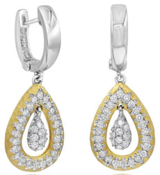 .68CT DIAMOND 14KT 2 TONE GOLD 3D DOUBLE TEAR DROP HUGGIE FUN HANGING EARRINGS