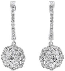 ESTATE .91CT DIAMOND 14KT WHITE GOLD 3D ROUND FLOWER FUN HANGING EARRINGS