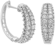 ESTATE 1.0CT DIAMOND 14KT WHITE GOLD CLASSIC 2 ROW HUGGIE HOOP HANGING EARRINGS