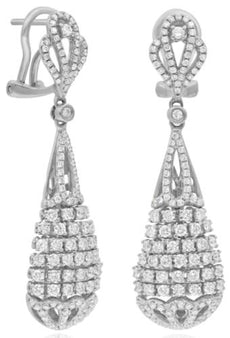 LARGE 2.22CT DIAMOND 18KT WHITE GOLD TEAR DROP FILIGREE CLIP ON HANGING EARRINGS