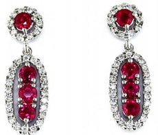 1.9CT DIAMOND & AAA RUBY 14KT WHITE GOLD 3D 3 STONE OVAL FLOWER HANGING EARRINGS