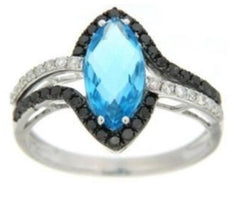 2.88CT WHITE & BLACK DIAMOND & AAA BLUE TOPAZ 14K WHITE GOLD MARQUISE SHAPE RING