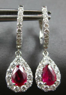1.56CT DIAMOND & AAA RUBY 14KT WHITE GOLD 3D PEAR SHAPE & ROUND HANGING EARRINGS