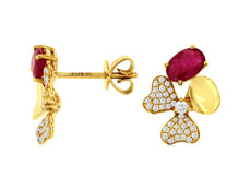 1.36CT DIAMOND & AAA RUBY 14KT YELLOW GOLD OVAL & ROUND FLOWER HANGING EARRINGS