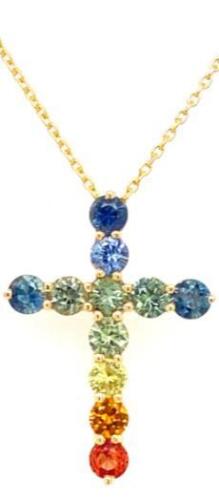 1.39CT AAA MULTI COLOR SAPPHIRE 18KT YELLOW GOLD RAINBOW CROSS FLOATING PENDANT