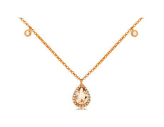 .77CT DIAMOND & AAA MORGANITE 14KT ROSE GOLD 3D PEAR SHAPE & ROUND HALO NECKLACE