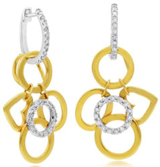 LARGE .22CT DIAMOND 14K 2 TONE GOLD 3D MULTI CIRCULAR LOVE KNOT HANGING EARRINGS