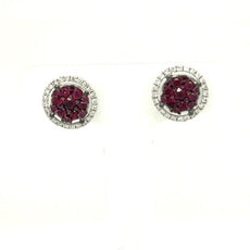 ESTATE .63CT DIAMOND & AAA RUBY 18K WHITE GOLD CLUSTER FLOWER HALO STUD EARRINGS