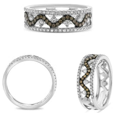 .56CT WHITE & CHOCOLATE FANCY DIAMOND 14KT WHITE GOLD ROUND MULTI WAVE FUN RING