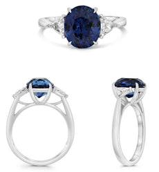 4.48CT DIAMOND & AAA SAPPHIRE PLATINUM 3D OVAL & TRILLION 3 STONE CLASSIC RING
