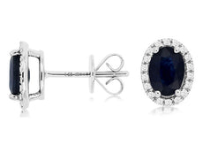 2.19CT DIAMOND & AAA SAPPHIRE 14KT WHITE GOLD 3D OVAL & ROUND HALO STUD EARRINGS