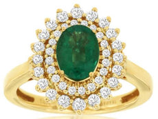 1.60CT DIAMOND & AAA EMERALD 14K YELLOW GOLD OVAL & ROUND FLOWER ENGAGEMENT RING