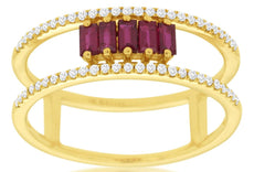.49CT DIAMOND & AAA RUBY 14KT YELLOW GOLD 3D ROUND & BAGUETTE 5 STONE FUN RING