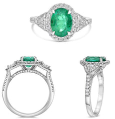 2.48CT DIAMOND & AAA EMERALD PLATINUM OVAL & TRILLION ROUND HALO ENGAGEMENT RING