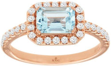 1.20CT DIAMOND & AAA AQUAMARINE 14KT ROSE GOLD EMERALD CUT HALO ENGAGEMENT RING