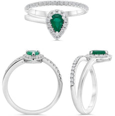 .65CT DIAMOND & AAA EMERALD 14KT WHITE GOLD PEAR SHAPE & ROUND DOUBLE BAND RING