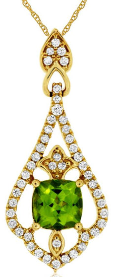 1.29CT DIAMOND & AAA PERIDOT 14KT YELLOW GOLD CUSHION & ROUND FLOATING PENDANT