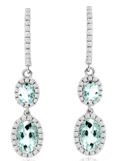 1.45CT DIAMOND & AAA AQUAMARINE 14KT WHITE GOLD 3D OVAL & ROUND HANGING EARRINGS
