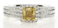 1.03CT WHITE & FANCY YELLOW DIAMOND 18KT 2 TONE GOLD SQUARE HALO ENGAGEMENT RING