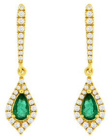.57CT DIAMOND & AAA EMERALD 14KT YELLOW GOLD ROUND & PEAR SHAPE HANGING EARRINGS