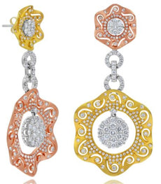 LARGE 4.85CT DIAMOND 18KT TRI COLOR GOLD DOUBLE FLOWER ETOLIE FILIGREE EARRINGS