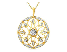 ESTATE .12CT DIAMOND 14KT YELLOW GOLD 3D FILIGREE FLOWER ROUND FLOATING PENDANT