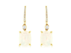 5.95CT DIAMOND & AAA OPAL 14KT YELLOW GOLD 3D CUSHION & ROUND HANGING EARRINGS