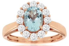 1.85CT DIAMOND & AAA AQUAMARINE 14KT ROSE GOLD 3D OVAL & ROUND FLOWER LOVE RING