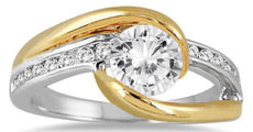 1.16CT DIAMOND 14KT 2 TONE GOLD SOLITAIRE CRISS CROSS SEMI BEZEL ENGAGEMENT RING
