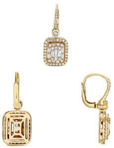 1.64CT DIAMOND 14KT YELLOW GOLD 3D ROUND & BAGUETTE INVISIBLE LEVERBACK EARRINGS