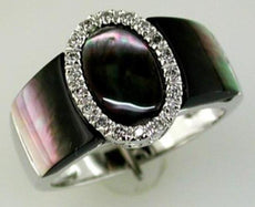 ESTATE .12CT DIAMOND & AAA BLACK MOTHER OF PEARL 14KT WHITE GOLD OVAL FUN RING