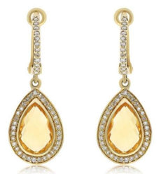 .54CT DIAMOND & AAA CITRINE 14KT YELLOW GOLD PEAR SHAPE & ROUND HANGING EARRINGS
