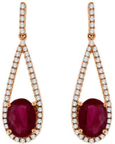 2.15CT DIAMOND & AAA RUBY 14KT ROSE GOLD OVAL & ROUND TEAR DROP HANGING EARRINGS