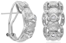 WIDE .27CT DIAMOND 18KT WHITE GOLD 3D MATTE & SHINY FLORAL CRISS CROSS EARRINGS