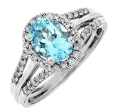 1.40CT DIAMOND & AAA AQUAMARINE 14KT WHITE GOLD 3D OVAL & ROUND ENGAGEMENT RING