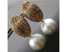 ESTATE LARGE 2.50CT AAA MULTI COLOR SAPPHIRE & SOUTH SEA PEARL 18KT ROSE GOLD EARRINGS