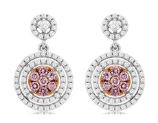 .85CT WHITE & PINK DIAMOND 14KT WHITE & ROSE GOLD DOUBLE HALO HANGING EARRINGS