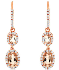 1.45CT DIAMOND & AAA MORGANITE 14KT ROSE GOLD 3D OVAL & ROUND HANGING EARRINGS