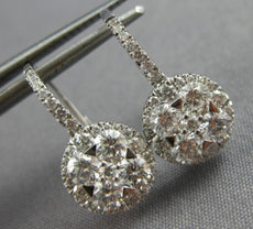 1.35CT DIAMOND 14KT WHITE GOLD 3D CLUSTER FLOWER HALO LEVERBACK HANGING EARRINGS