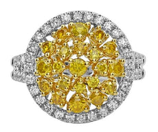 1.37CT WHITE & FANCY YELLOW DIAMOND 18K 2 TONE GOLD 3D CLUSTER CIRCULAR FUN RING